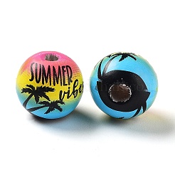 夏をテーマにしたプリントウッドヨーロピアンビーズ  大穴ココナッツツリープリントラウンドビーズ  空色  16mm  穴：4mm&nbsp;WOOD-M010-06A