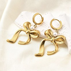 蝶結び 304 ステンレススチール プラスチック イミテーションパール フープピアス 女性用  18KGP本金メッキ  48x25mm&nbsp;EJEW-U068-03G