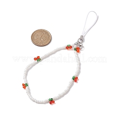 ガラスシード携帯ストラップ  ナイロンコードモバイルアクセサリー装飾  チェリー  ホワイト  18cm&nbsp;HJEW-JM01898