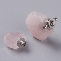 六角形の天然ローズクォーツ香水瓶ペンダント  304ステンレススチール製金具付き  多面カット  ステンレス鋼色  27~27.5x16~17x8mm  穴：1.4mm  容量：0.1ml（0.00fl.oz）&nbsp;G-H241-03F-P