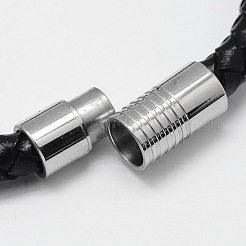 編み込みレザーコードブレスレット  304ステンレススチール製マグネット留め具付き  ブラック  200x6mm&nbsp;BJEW-I199-02