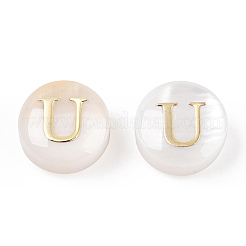 天然淡水シェルビーズ  金メッキ真鍮エッチング金属装飾付き  アルファベット付きフラットラウンド  U字  7.5~8x4~5mm  穴：0.8mm&nbsp;SHEL-N036-01U