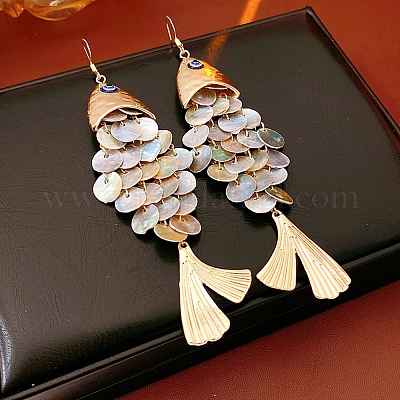 合金ダングルピアス  魚  シェルと  ゴールドカラー  120x31~33mm&nbsp;EJEW-D349-01G-1