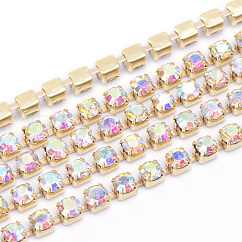 Brass Rhinestone Strass Chains, Rhinestone Cup Chains, Raw(Unplated), Nickel Free, Crystal AB, 2mm, about 10yards/bundle