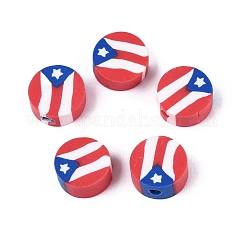 Independence Day Handmade Polymer Clay Beads, Flat Round with National Flag, Red, 9~10x4~5mm, Hole: 1.8~2mm