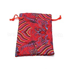 シルクポーチ  ドローストリングバッグ  波模様の長方形  レッド  14.2x10x0.4cm&nbsp;ABAG-WH0032-07A