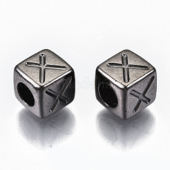 CCBプラスチックビーズ  水平穴  文字付きのキューブ  ガンメタ色  7x7x7mm  穴：3.5mm  約2000個/500g&nbsp;CCB-N004-001A-B