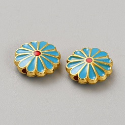 合金エナメルビーズ  ゴールドカラー  花  ティール  12x12x4mm  穴：1.6mm&nbsp;ENAM-WH0008-04A-G