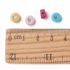 不透明なアクリルビーズ  ハート付きフラットラウンド  銀メッキ  6.5x7x3mm  穴：1.6mm  約3600~3700個/500g&nbsp;PACR-N006-50-B02