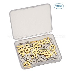 304ステンレススチールアルファベット文字チャーム  ゴールデン·ステンレス鋼色  a～zの文字  11~12x5.5~11x0.5~0.8mm  穴：1mm  2色  26文字  2个/レター  104個/箱&nbsp;STAS-YS0001-03