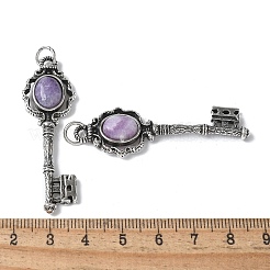キー真鍮天然レピドライト大きなペンダント  丸カン付き  アンティークシルバー  55.5x16.5x5~6.5mm  穴：4.5mm&nbsp;KK-D361-01AS-21