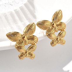 女性用304ステンレススチールスタッドピアス  ダブル蝶  ゴールドカラー  27.5x24mm&nbsp;EJEW-K306-24G