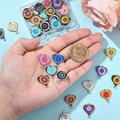 44個22色合金エナメルコネクタチャーム  花柄プリントのハートリンク  プラチナ  ミックスカラー  20x16.5x1.7mm  穴：1.6mm  2個/カラー&nbsp;ENAM-CJ0006-64