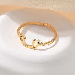 女性用304ステンレススチールカフリング  文字a~zのハート  18KGP本金メッキ  V字  5.5mm  内径：調節可能。&nbsp;RJEW-D285-01G-V