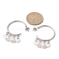 304ステンレススチールハーフフープピアス  ナチュラルパールダングルスタッドピアス  フラットラウンド  46x7.5mm&nbsp;EJEW-JE05590-02