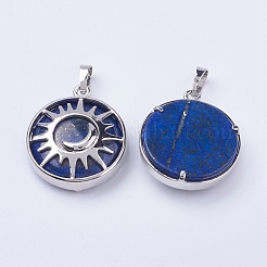 天然石ラピスラズリペンダント  真鍮パーツ  サン＆ムーンとフラットラウンド  プラチナ  31x27.5x8mm  穴：5x7mm&nbsp;G-K234-B15