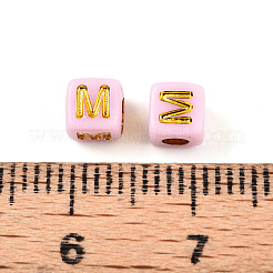 メッキアクリルビーズ  文字付きのキューブ  ゴールドライン入り  文字m  4.5x4.5x4.5mm  穴：2mm  約6250個/500g&nbsp;OACR-N140-01D-M