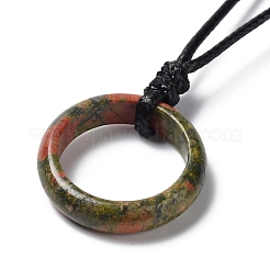 Natural Mixed Stone Ring Pendant Necklace with Waxed Cords&nbsp;NJEW-R262-01A