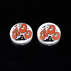 ハロウィンプリント天然木ビーズ  バット＆ゴースト＆ワードブーとフラットラウンド  レッドオレンジ  19~20x5.9mm  穴：2~2.2mm&nbsp;WOOD-T021-80