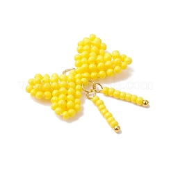 ガラスシードビーズの蝶結びペンダント  真鍮と304ステンレス鋼の丸カン付き  きいろ  28x26.5x4.5mm&nbsp;PALLOY-MZ01055-01