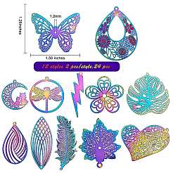 24Pcs 12 Style 201 Stainless Steel Filigree Pendants&nbsp;STAS-SZ0001-78