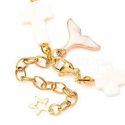 女性用シェルパールビーズブレスレット  クロス  合金エナメルチャーム付き  ホワイト  7-7/8インチ（19.9cm）&nbsp;BJEW-JB12427