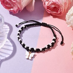 調節可能な蝶のアクリルチャームブレスレット  女性用丸型ガラスシードビーズ編みブレスレット  ブラック  内径：2~3-1/2インチ（5.1~8.9cm）&nbsp;BJEW-MZ00086