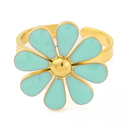 女性用304ステンレススチールエナメルスタッドリング  花  淡いターコイズ  調整可能  花：18x18mm&nbsp;RJEW-U023-01G-01
