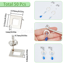 304ステンレススチールスタッドピアス金具50個  穴付き  菱形  ステンレス鋼色  13.5x13.5x0.8mm  穴：1mm  ピン：0.7mm&nbsp;STAS-SC0008-58