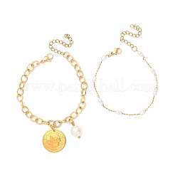 2Pcs 2 Styles 316 Surgical Stainless Steel Plastic Imitation Pearl Beads Link Bracelets & 304 Stainless Steel Charm Bracelets Set for Women&nbsp;BJEW-JB12421