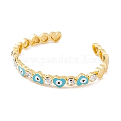 Heart Brass Pave Clear Cubic Zirconia Evil Eye Open Cuff Bangles with Enamel for Women&nbsp;BJEW-S147-06G-02