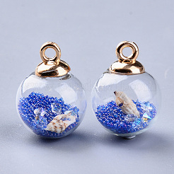 透明なガラスグローブペンダント  樹脂＆樹脂ラインストーン＆巻貝の殻＆ガラスマイクロビーズ  プラスチック製のCCBペンダントベイル  ラウンド  ゴールドカラー  藤紫色  21.5x16mm  穴：2mm&nbsp;GLAA-S181-06D
