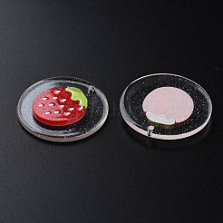 セルロースアセテート（樹脂）ペンダント  グリッターパウダー付き  イチゴとフラットラウンド  レッド  30x4~4.5mm  穴：1.4mm&nbsp;KY-N015-78
