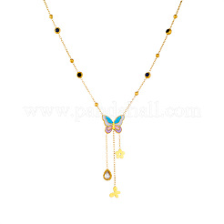 304 Stainless Steel Enamel with Clear Cubic Zirconia Colorful Butterfly Flower Tassel Pendant Necklaces for Women&nbsp;FS-WGAFF89-01
