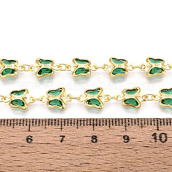 真鍮ガラスの蝶のチャームリンクチェーン  ハンダ付け  スプールで  ゴールドカラー  濃い緑  10.5~11x7x2mm  約32.81フィート（10m）/ロール&nbsp;CHC-T018-11E-G
