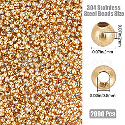304ステンレススチールビーズ2000個  ラウンド  ゴールドカラー  2x2mm  穴：0.8mm&nbsp;STAS-CN0001-68
