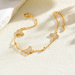 Elegant Brass Micro Pave Clear Cubic Zirconia Butterfly Link Chain Bracelets for Women&nbsp;FX8135-1