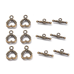 チベットスタイル合金ハートトグル留め金  ニッケルフリー  アンティークブロンズ  ハート：18x14x3mm  穴：2.5mm  バー：20x8x3mm  穴：3mm&nbsp;PALLOY-J471-27AB-NF