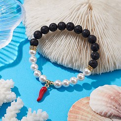 8mm ラウンド天然溶岩石と貝パールビーズストレッチブレスレット  女性用チリペッパー合金エナメルチャームブレスレット  ブラック  内径：2-1/8インチ（5.5cm）  唐辛子: 21x6x6mm  ビーズ：8mm&nbsp;BJEW-JB10243