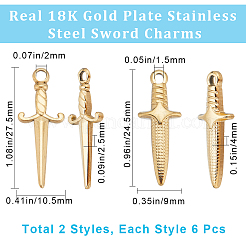 12個 2スタイル 201 & 304 ステンレススチールペンダント  剣のチャーム  18KGP本金メッキ  24.5~27.5x9~10.5x2.5~4mm  穴：1.5~2mm  6個/スタイル&nbsp;STAS-CN0001-53