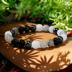 Natural Tourmalinated Quartz & Moonstone & Glass Round Beads Strertch Bracelets for Women Men&nbsp;NE6607