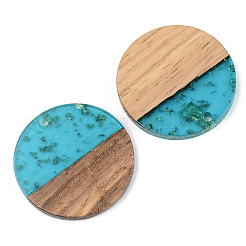 透明樹脂＆ウォールナットウッドチャーム  金箔  フラットラウンド  ダークターコイズ  28x3mm  穴：2mm&nbsp;X-RESI-S389-025A-B03