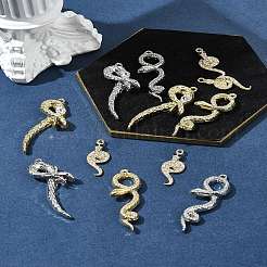 ラインストーン付きラックメッキ合金ペンダント  ヘビ  プラチナ·ゴールデン  28~48x11~23x3.5~7.5mm  穴：1.8mm  12個/セット&nbsp;FIND-FS0003-68