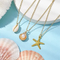 3Pcs Ocean Theme Natural Cowrie Shell & Alloy Starfish Pendants Necklaces&nbsp;NJEW-JN04787