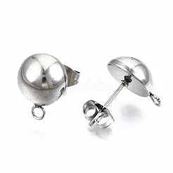変色しない304ステンレススチールスタッドピアス金具  カン付き  ドーム/ハーフラウンド  ステンレス鋼色  13x10mm  穴：1.8mm  ピン：0.8mm&nbsp;STAS-Q225-16A-10mm