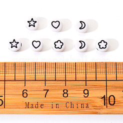 不透明な白いアクリルビーズ  黒い星とハートと月と花のフラットラウンド  7x3.5mm  穴：1.5mm  約200個/袋&nbsp;SACR-YW0001-21B