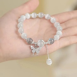Butterfly Alloy & Cat Eye & Natural Moonstone Round Beaded Charm Bracelets for Women&nbsp;WG9D4EC-01