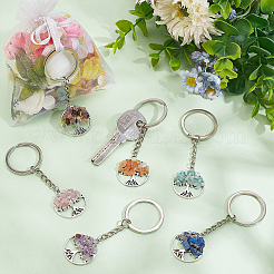 生命の樹のチベット風合金と宝石チップのキーホルダーが付いたフラットラウンドのキーホルダー  鉄のスプリットキーリング付き  8.2cm  6スタイル  4個/スタイル  24個/セット&nbsp;KEYC-AR00001