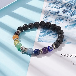 Natural Lava Rock & Mixed Stone & Alloy Tube Stretch Bracelet with Lampwork Evil Eye&nbsp;BJEW-JB08320-02