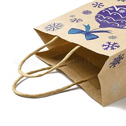 クリスマステーマの青いプリントのクラフト紙のトートバッグ（持ち手付き）  長方形の頑丈な収納ショッピングバッグ  クリスマス鐘  20.7x15x8.2cm&nbsp;ABAG-B006-04A